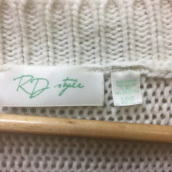 RD Style White Patterned Fringed Knit V Neck Oversize Sweater Size Small - Picture 2 of 8